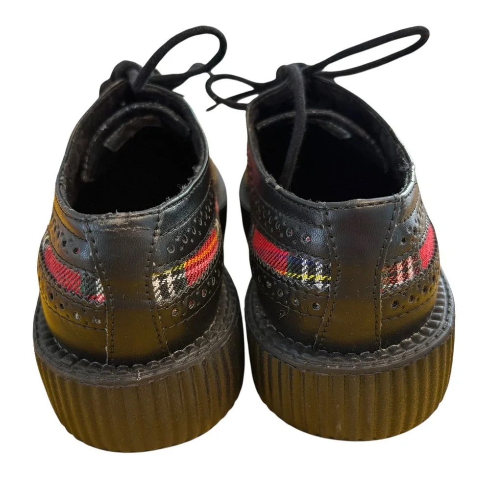 T.U.K. Red Plaid Wingtip Creeper Shoes Black Platform Brogue Womens 6 Mens 4